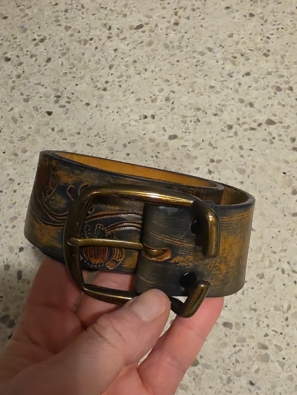 Hand Stained Latitan Leather Floral Embossed Belt with Brass Buckle